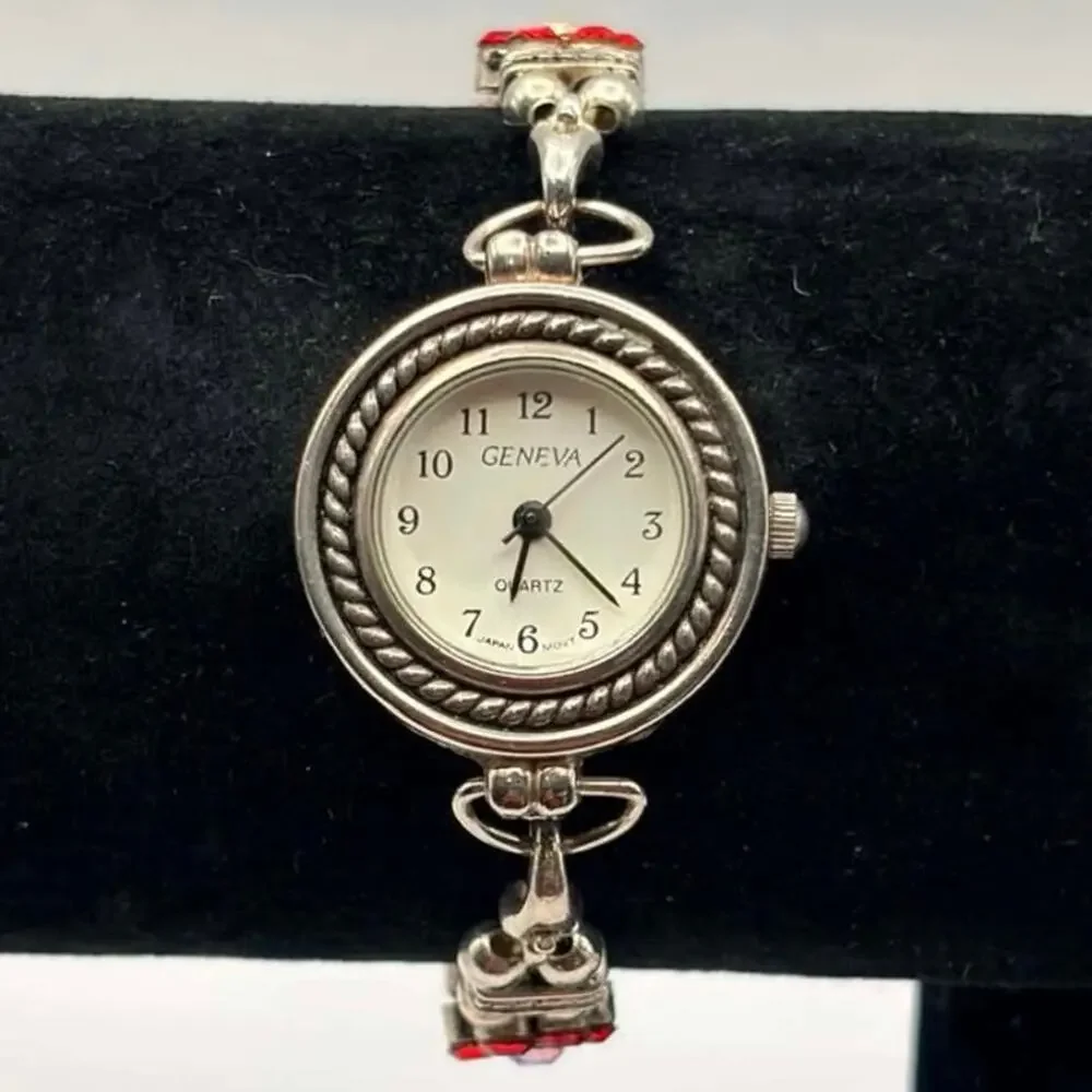 Silver & Red Floral Geneva Watch